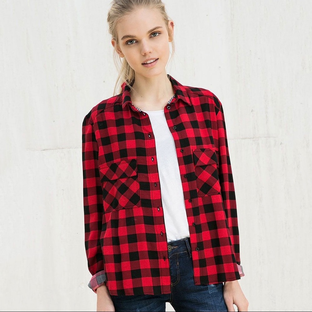BERSHKA / ZARA CLASSIC PLAID SHIRT (RED)